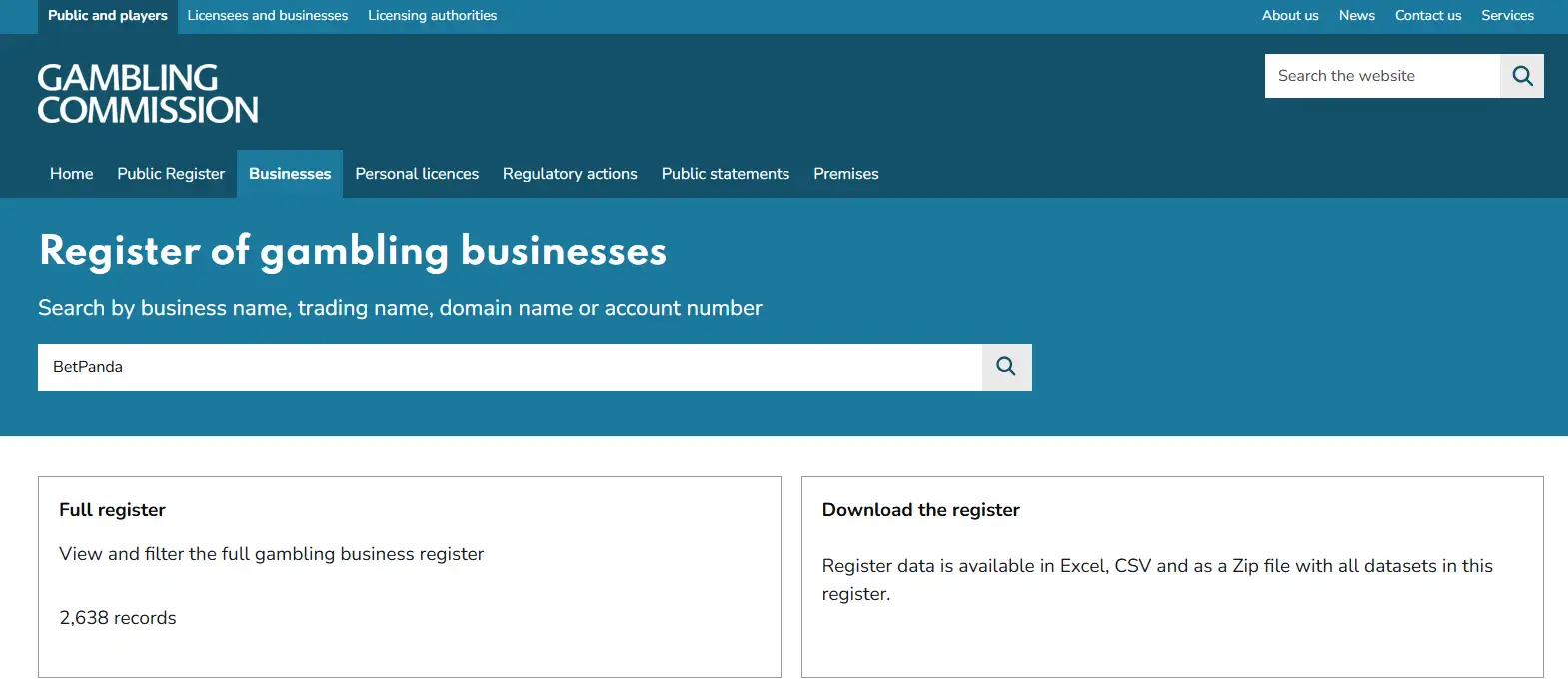 UK Gambling Commission public register search information for BetPanda