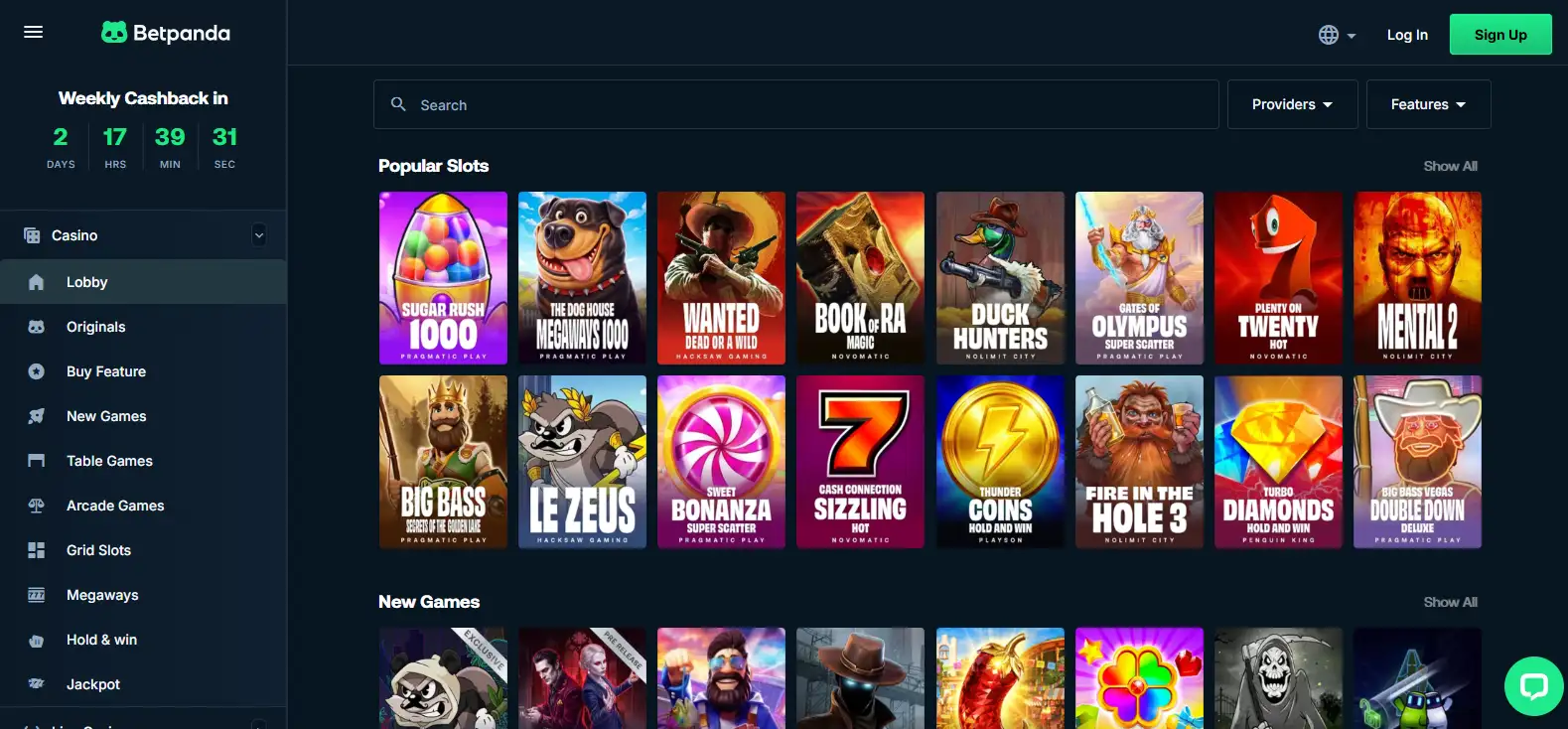BetPanda game lobby with casino categories and provider filters
