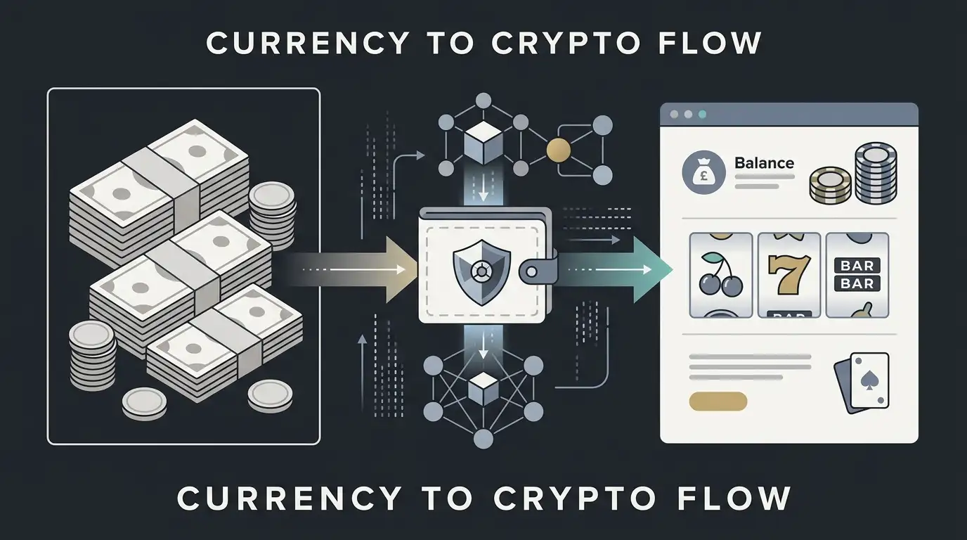 Conceptual flow from pounds to cryptocurrency and a casino wallet