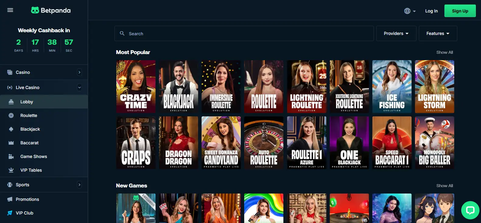 BetPanda live casino lobby with live dealer game categories