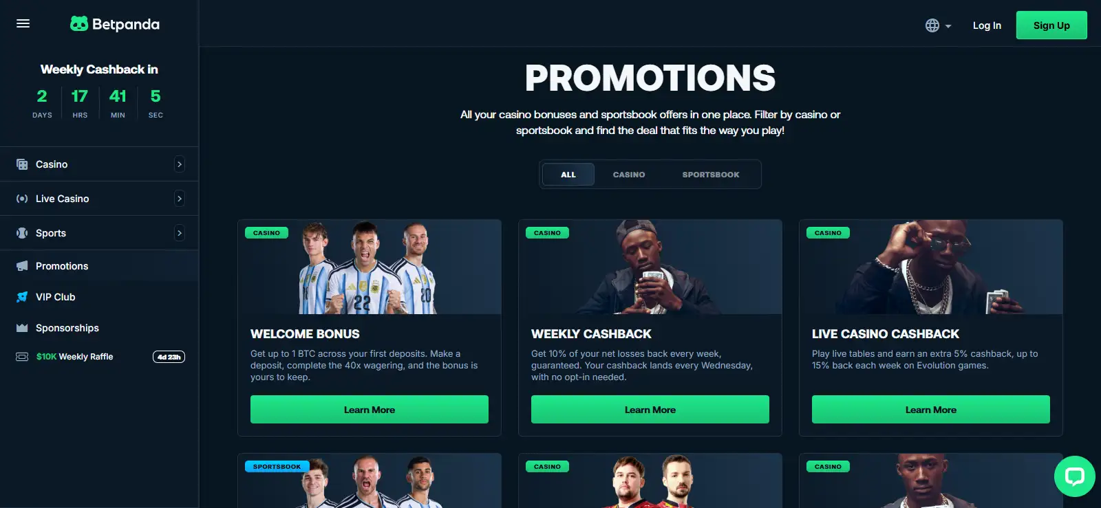 BetPanda promotions interface showing current casino bonus offers