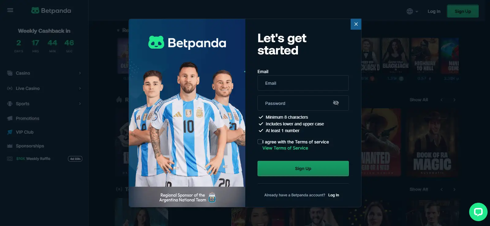 Current BetPanda registration form