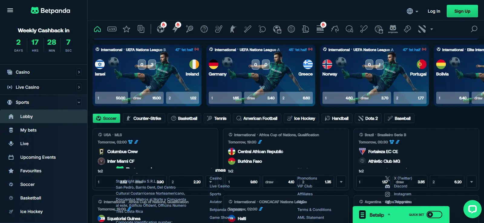BetPanda sportsbook interface with pre-match and live betting navigation