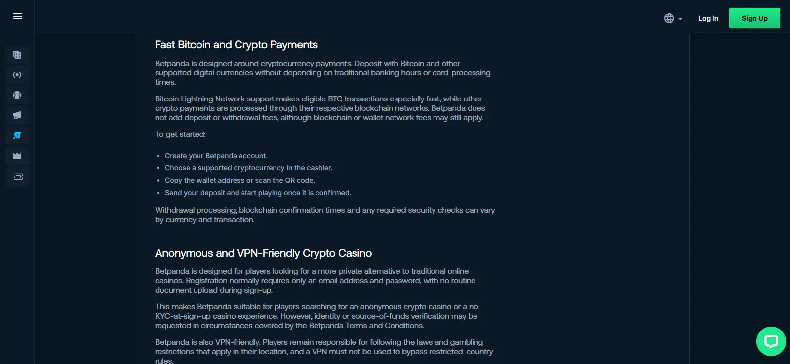 BetPanda deposit cashier showing cryptocurrency selection