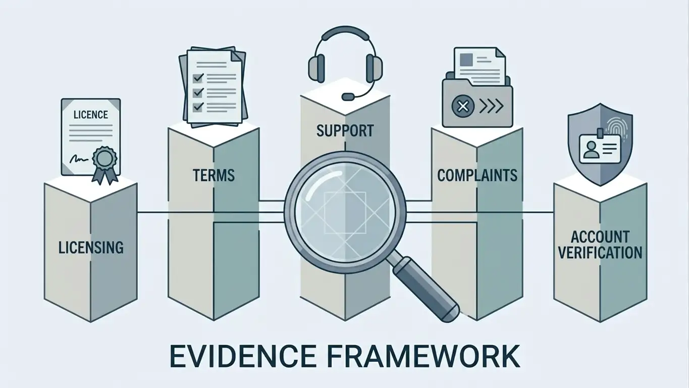 reader-facing trust-check framework covering licence, terms, support, complaints and verification