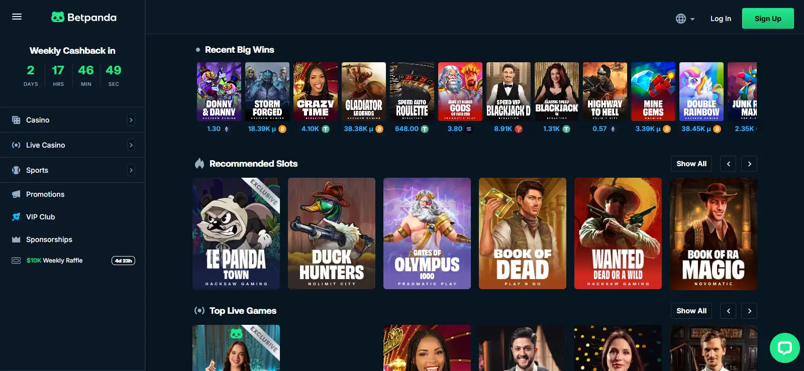 BetPanda casino lobby interface showing current navigation and game categories